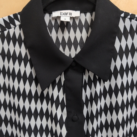 Black White Harlequin print top longsleeve diamond Sz S Sheer Career Core Travel - Picture 6 of 8